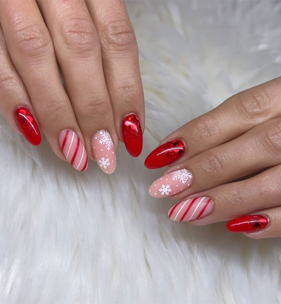 50+ Festive Holiday Nail Designs & Ideas : Snowflake Red Candy Cane Nails