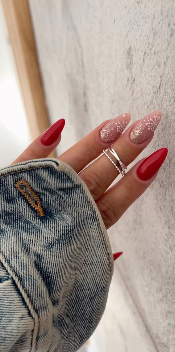 50+ Festive Holiday Nail Designs & Ideas : Shimmery Pink Snowflake + Red Nails