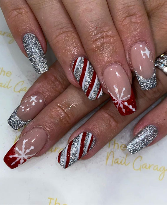 red and silver glitter nails