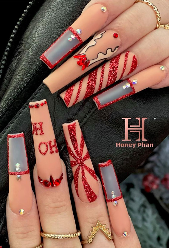 50+ Festive Holiday Nail Designs & Ideas :  Nude & Glitter Red Coffin Nails
