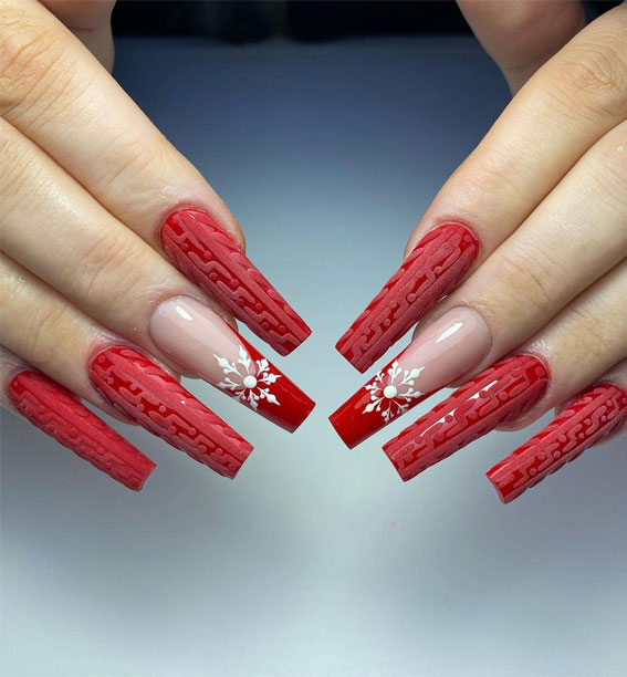 50+ Festive Holiday Nail Designs & Ideas : Textured Red Coffin Nails