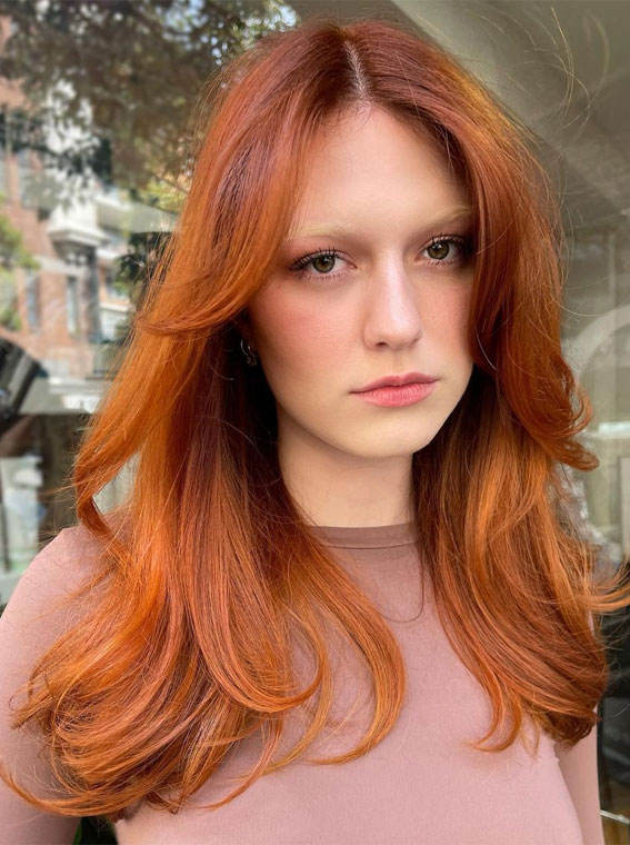 70+ Trendy Hair Colour Ideas & Hairstyles : Copper Hair with Curtain Bangs