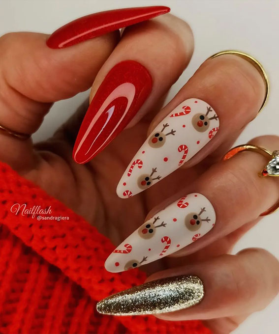 50+ Festive Holiday Nail Designs & Ideas : Candy Cane & Reindeer, Red & Gold Nails