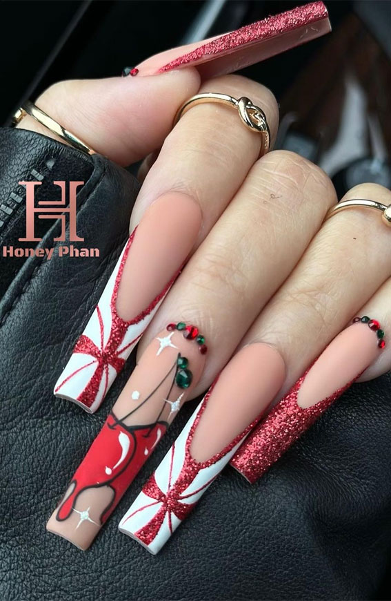 50+ Festive Holiday Nail Designs & Ideas : Red Glitter & Cherry Long Nails