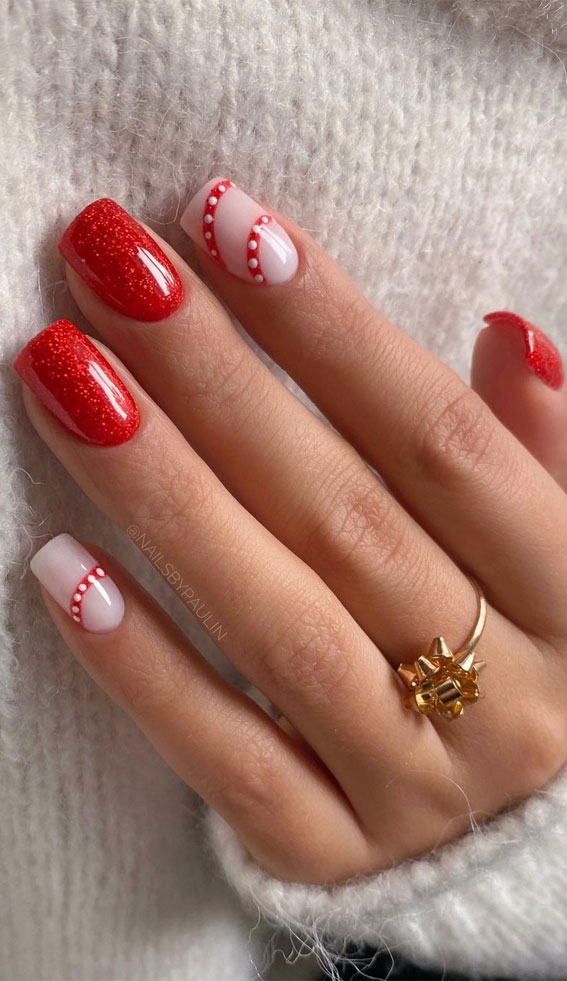 50+ Festive Holiday Nail Designs & Ideas : Shimmery Red & Fun Candy Cane Nails