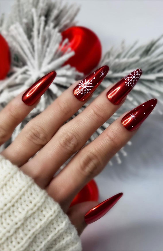 50+ Festive Holiday Nail Designs & Ideas : Dark Red Nails with Snowflakes
