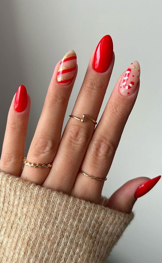 50+ Festive Holiday Nail Designs & Ideas : Red+ Candy Cane Sheer Nails