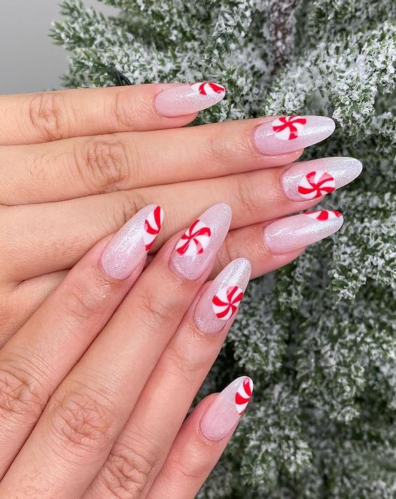 50+ Festive Holiday Nail Designs & Ideas : Red Peppermint Sheer Nails
