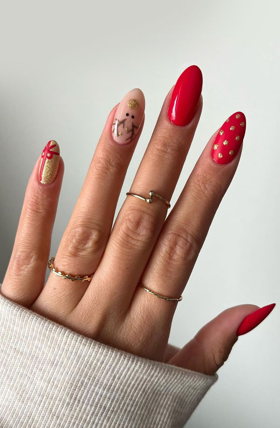 50+ Festive Holiday Nail Designs & Ideas : Glitter Rudolph + Present + Red Nails