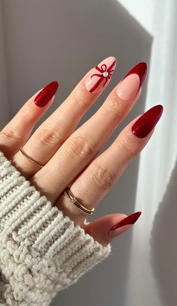 50+ Festive Holiday Nail Designs & Ideas : Present + Deep Red Nails