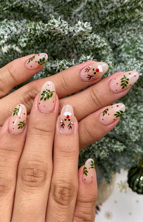 50+ Festive Holiday Nail Designs & Ideas : Green Leave + Rudolph Sheer Nails