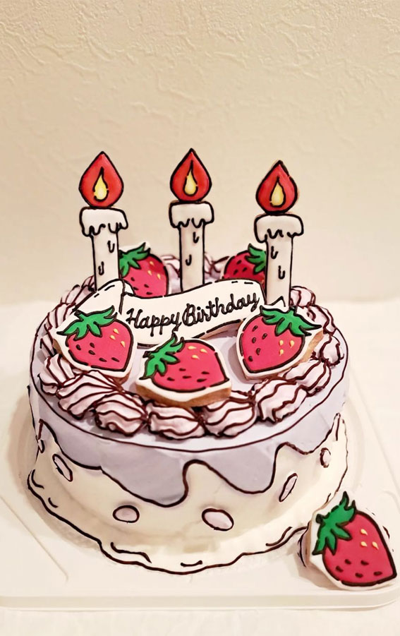 50+ Cute Comic Cake Ideas For Any Occasion : Light Grey Icing Drips + Strawberry Comic