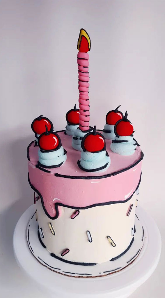 50+ Cute Comic Cake Ideas For Any Occasion : White Cake with Pink Icing + Candle
