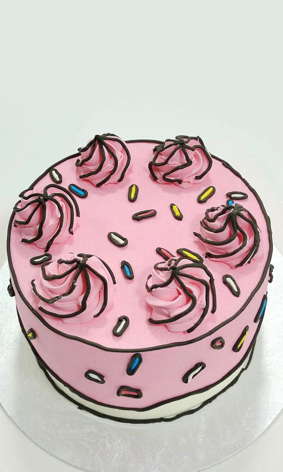 50+ Cute Comic Cake Ideas For Any Occasion : Pink Cake with Black Outline + Sprinkles