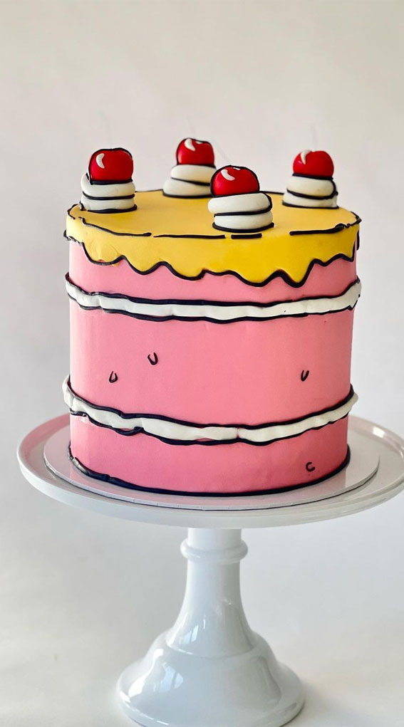 50+ Cute Comic Cake Ideas For Any Occasion : Pink Cake with Yellow Icing Drips