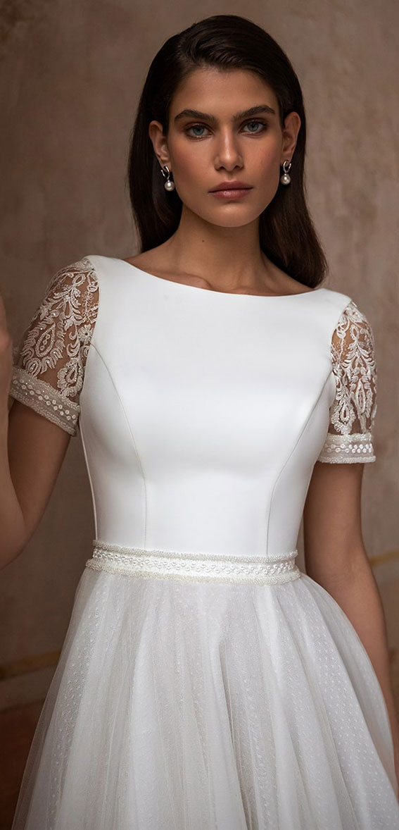 short sleeves princess skirt wedding dress with chapel train, elegant wedding dress, eva lendel wedding dress
