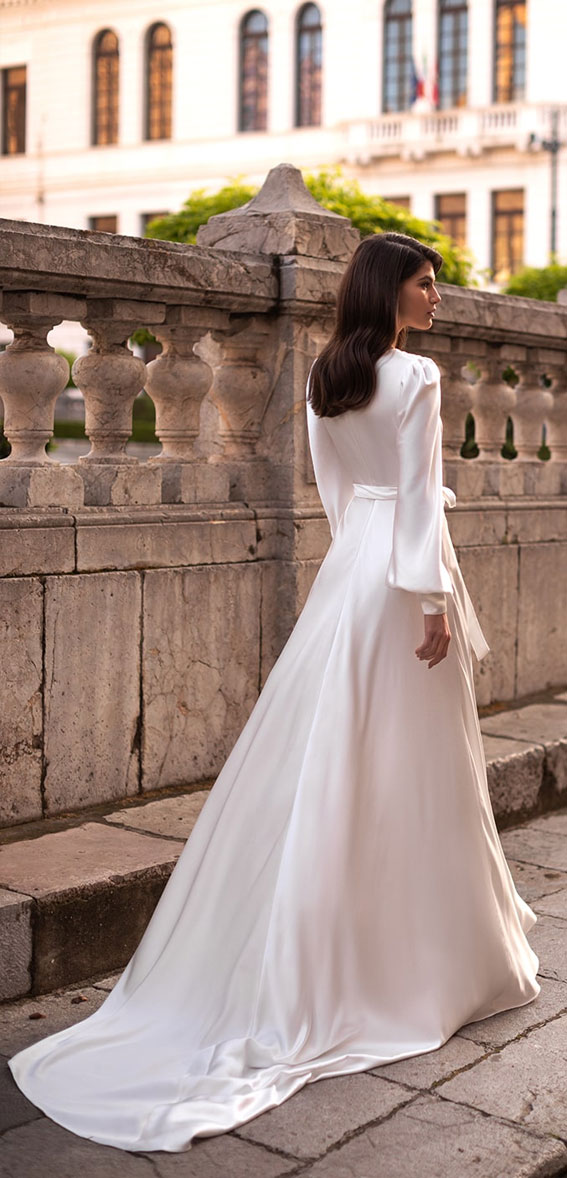  elegant A-line wrap wedding dress, silk wedding dress, lantern sleeve wedding dress, eva lendel