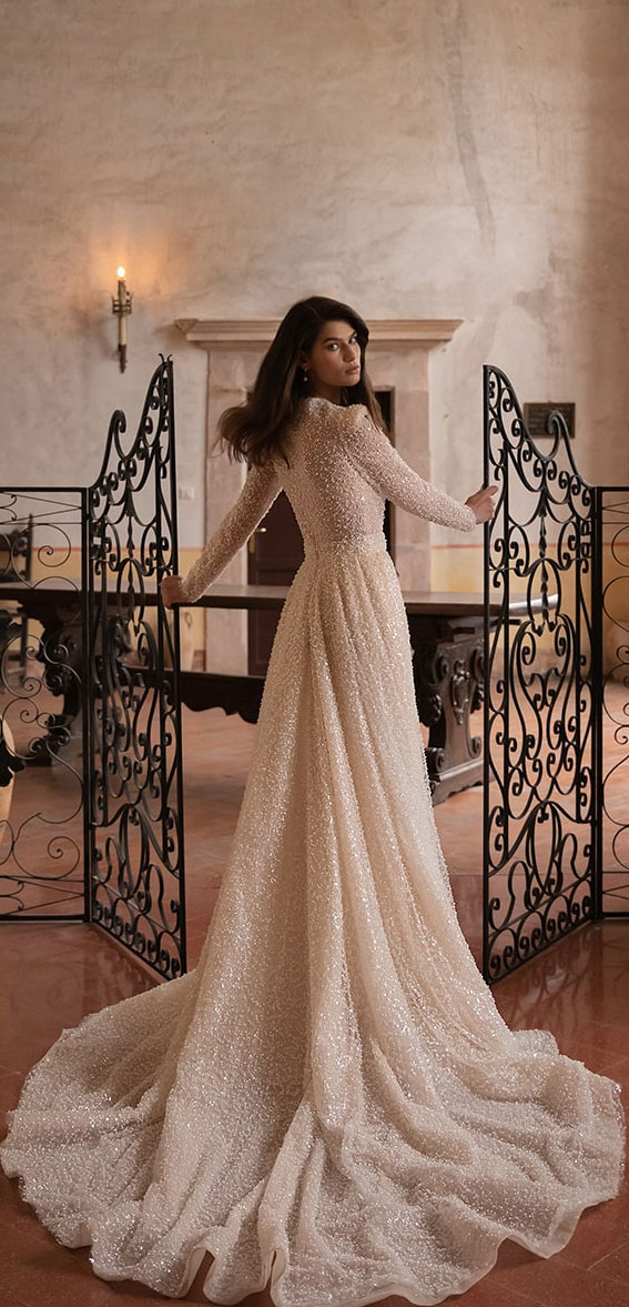 silver beaded lace wedding dress, super-fitted trumpet skirt with fitted long sleeves, wedding dress, beaded detachable overskirt, eva lendel wedding dress, wedding dresses 2023