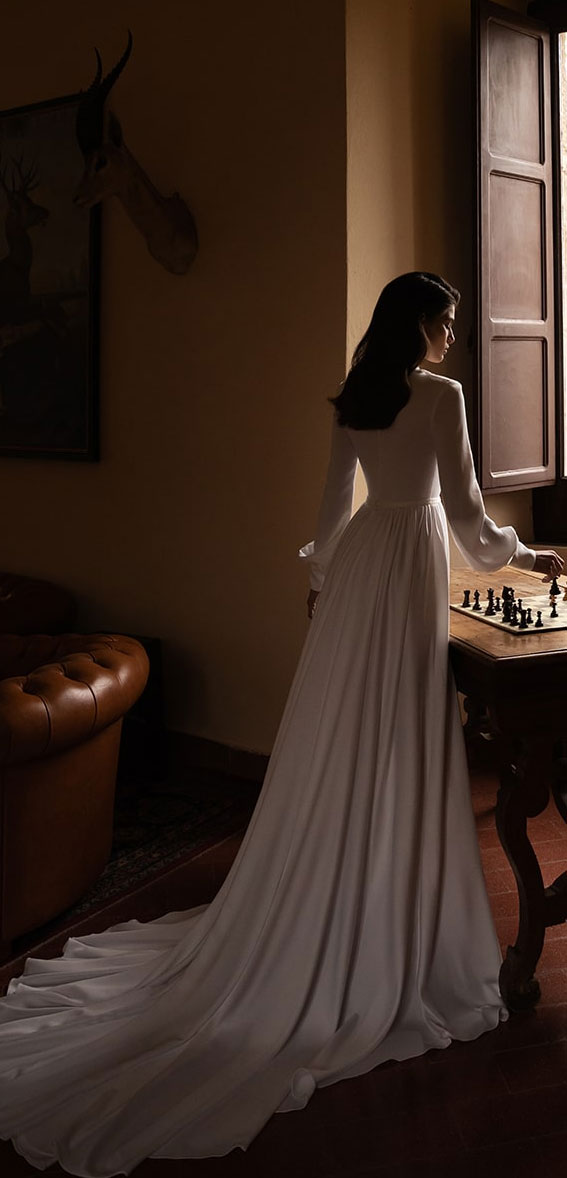 a-line satin wedding gown with long sleeves, wedding dress, eva lendel wedding dress