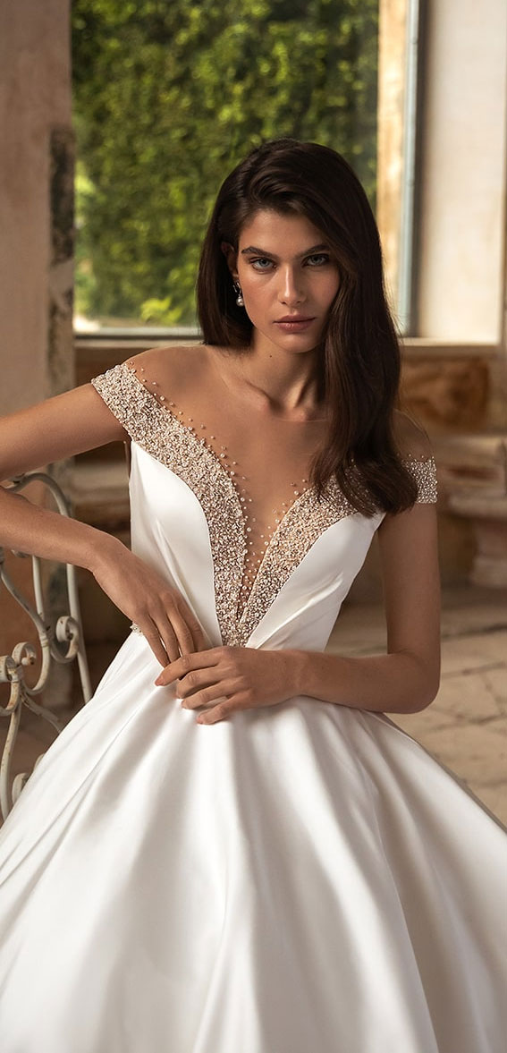 embroidered pearl off the shoulder satin wedding dress, wedding dress, wedding dresses 2023, eva lendel wedding dress, elegant wedding dress satin wedding dress