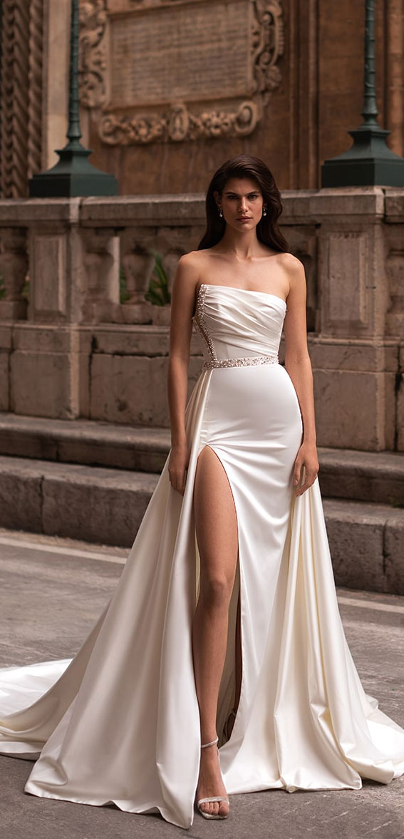 asymmetric neckline strapless wedding dress with cathedral train, satin wedding dress, elegant wedding dress, simple wedding dress, eva lendel wedding dress