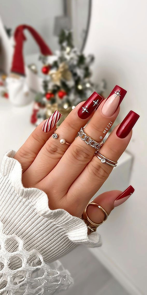 50+ Festive Holiday Nail Designs & Ideas : Shiny Red + Candy Cane Nails