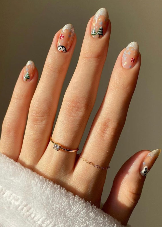 50+ Festive Holiday Nail Designs & Ideas : Christmas Tree, Penguin & French Glitter Tip Sheer Nails