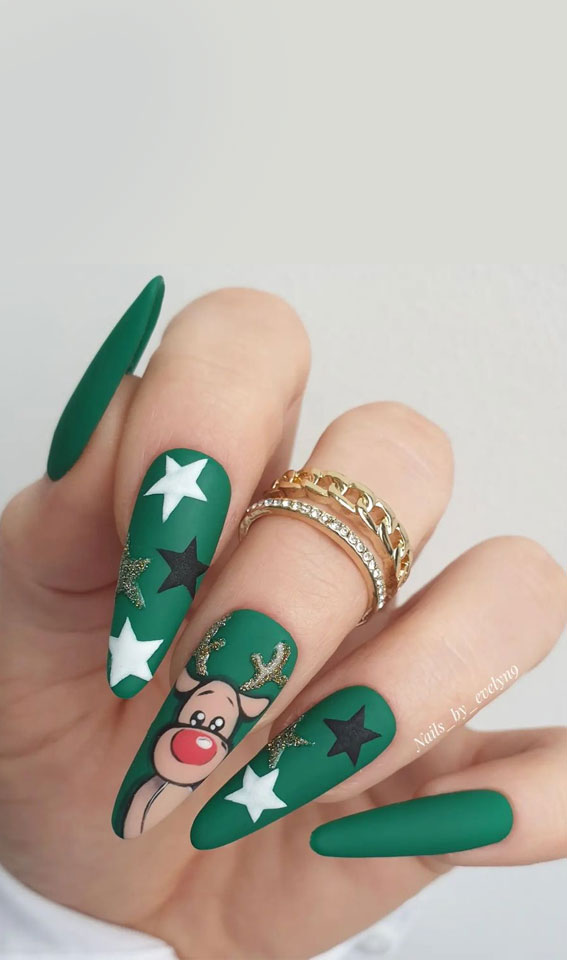 50+ Festive Holiday Nail Designs & Ideas : Fun Rudolph Matte Green Nails