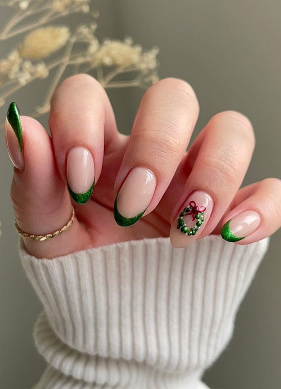 50+ Festive Holiday Nail Designs & Ideas : Christmas Wreath + Green French Tip Nails