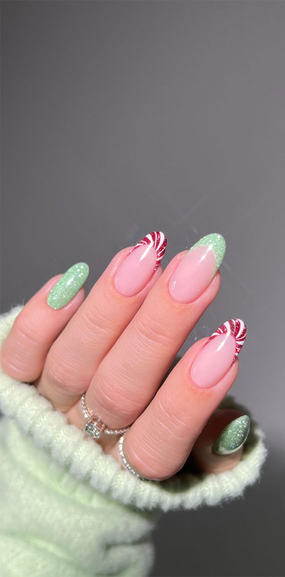 50+ Festive Holiday Nail Designs & Ideas : Candy Cane & Green Tip Nails