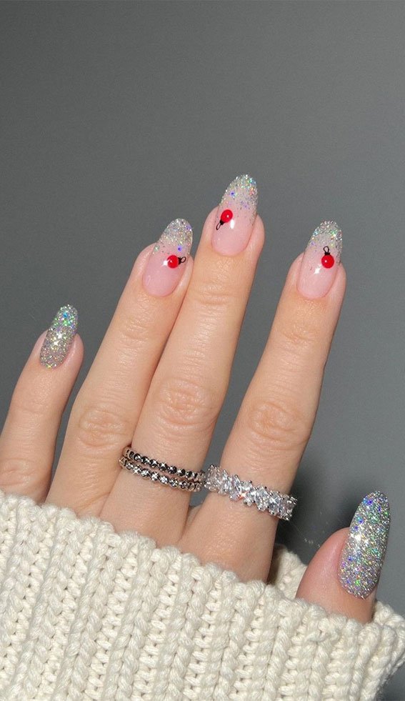 50+ Festive Holiday Nail Designs & Ideas : Glitter Tip Christmas Nails with Red Baubles