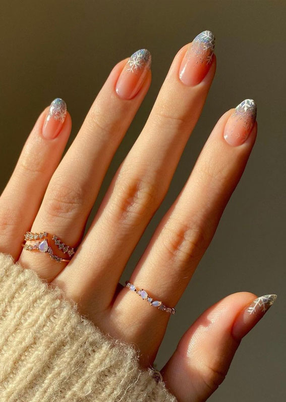 50+ Festive Holiday Nail Designs & Ideas : Glitter Tip Nails with Snowflakes