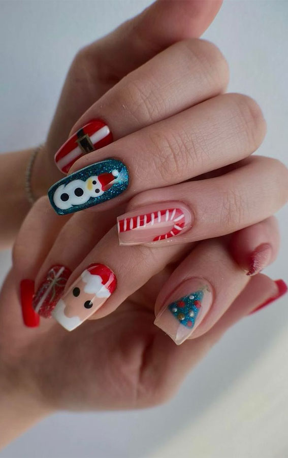 mixed red christmas nails, christmas nails, festive nails, cute christmas nails