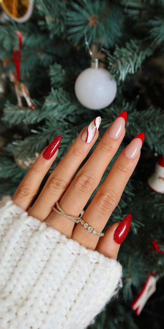 50+ Festive Holiday Nail Designs & Ideas : Red & White Candy Cane + Red Tip Nails