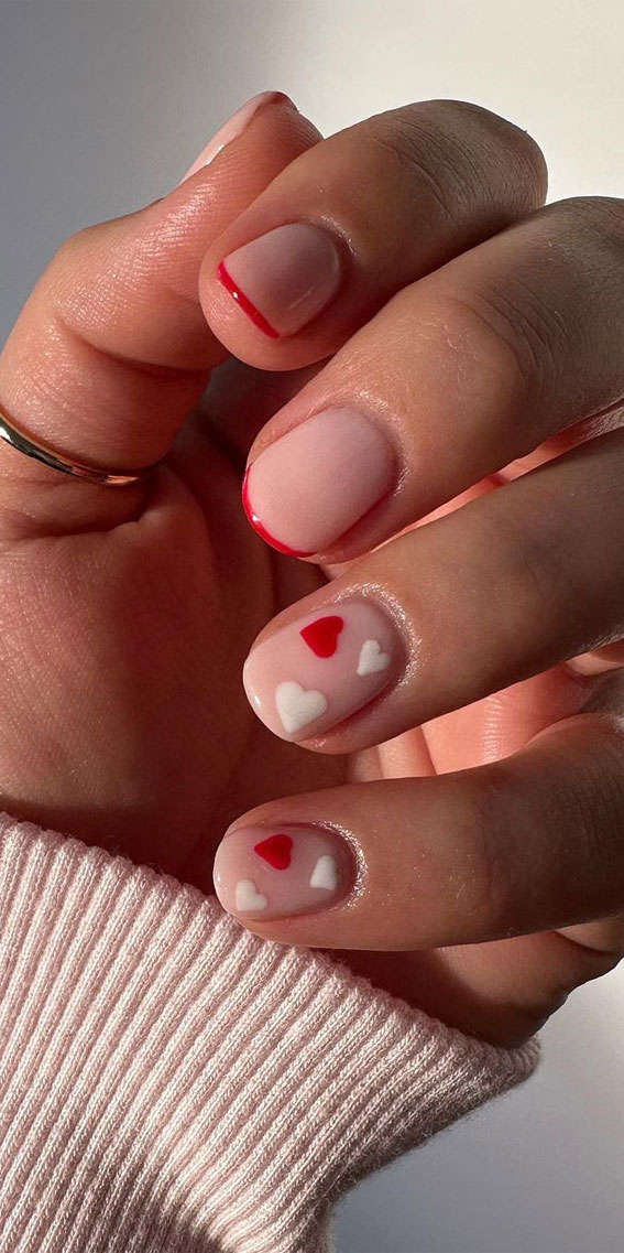 30 Lovely Valentines Nails in 2023 : Red Thin French Tips with Hearts
