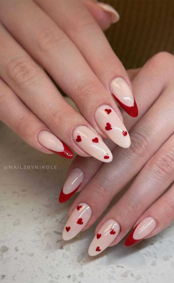 30 Lovely Valentines Nails in 2023 : Red French Sheer Nails with Red Hearts