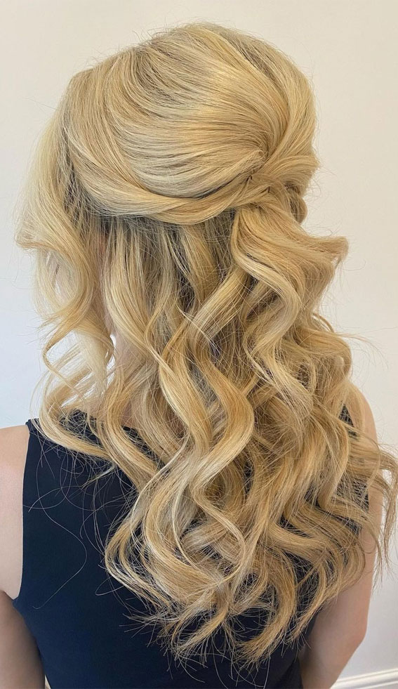 40 Best Prom Hairstyles for 2023 : Curly Wave Textured Half Up Half Down