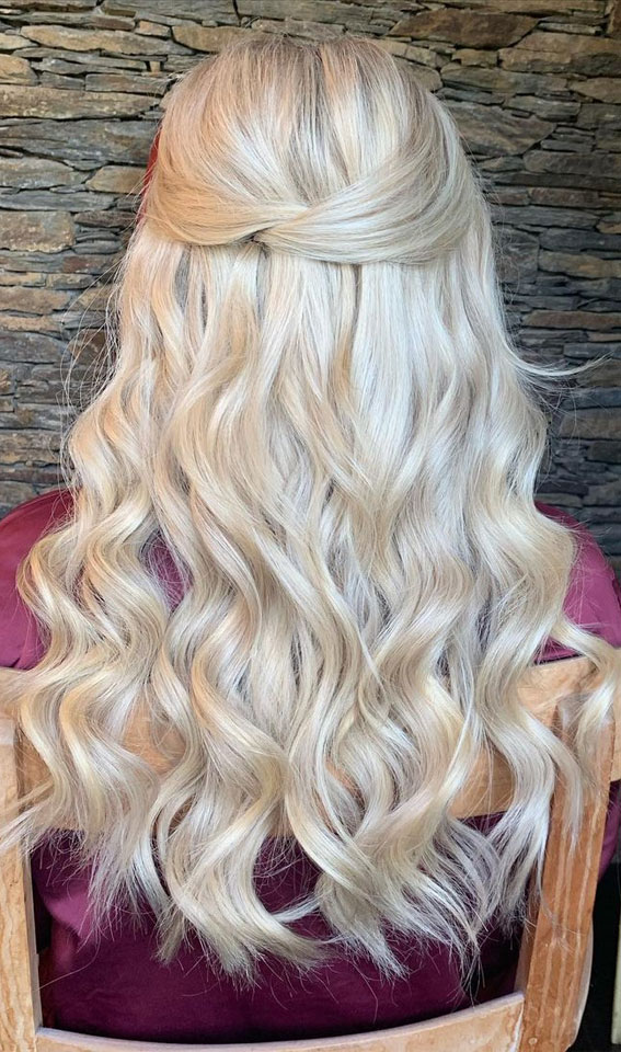 40 Best Prom Hairstyles for 2023 : Platinum Blonde Half Up