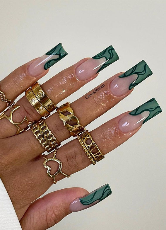 35 Nail Trends 2023 To Have on Your List : Green Squiggle Tips