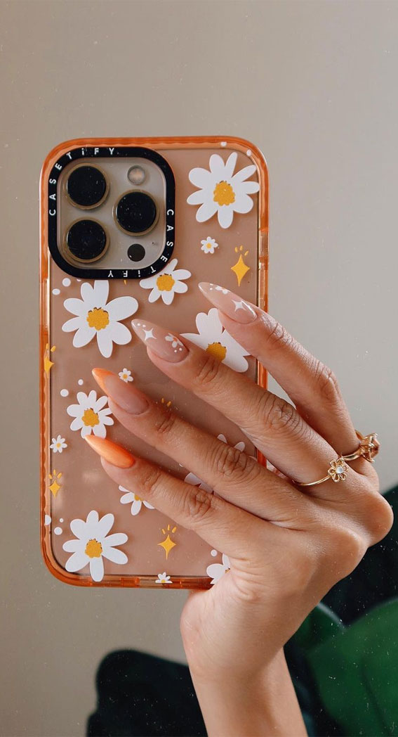 35 Nail Trends 2023 To Have on Your List : Daisy + Orange French Almond Nails