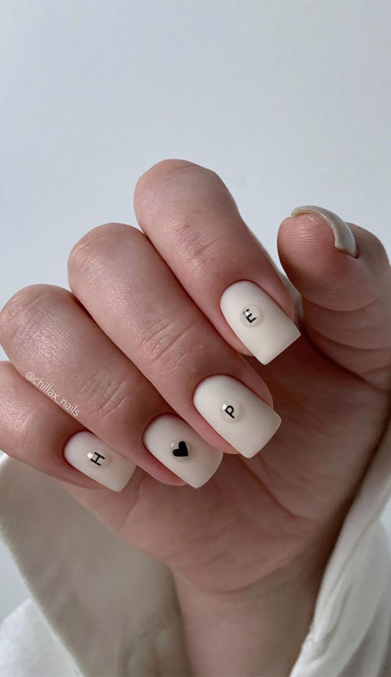 25 Beautiful Neutral Nails To Welcome 2023 : Nude Matte Nails with HOPE Letters