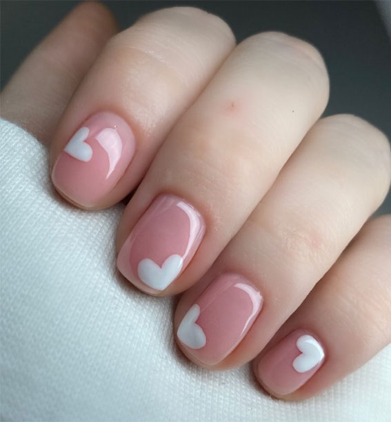 35 Best Valentine’s Day Nail Designs in 2023 :Short Nails with White Heart
