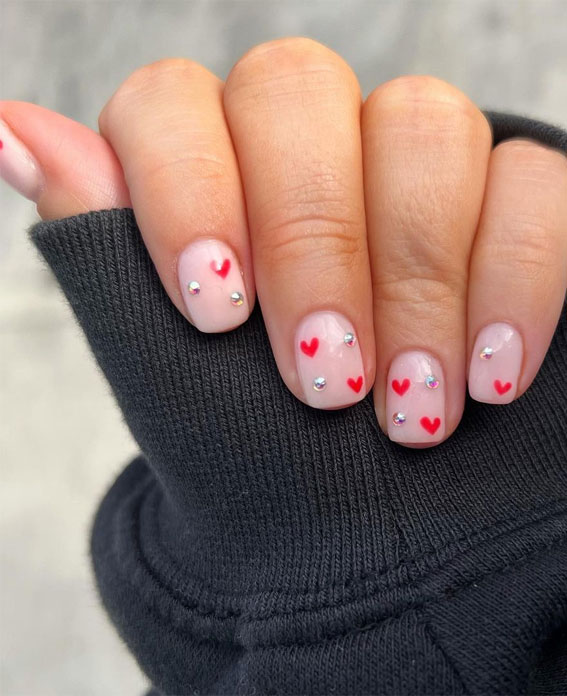 35 Best Valentine’s Day Nail Designs in 2023 : Red Tiny Hearts + Silver Balls