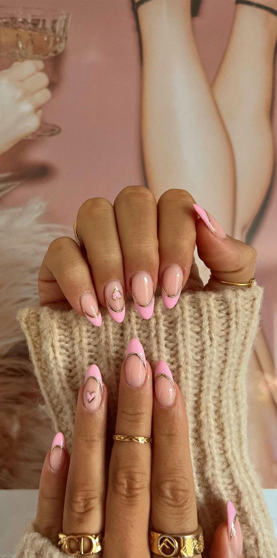 35 Best Valentine’s Day Nail Designs in 2023 : Pink Double French with Hearts