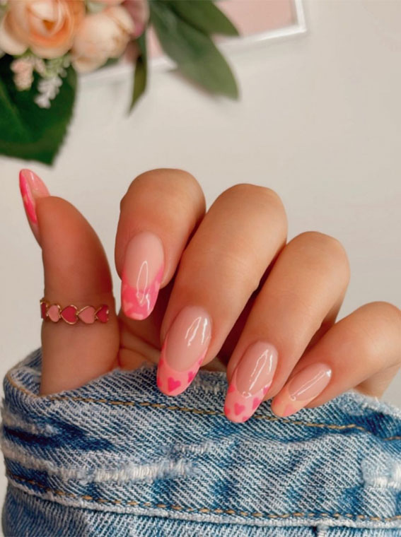 35 Best Valentine’s Day Nail Designs in 2023 : Gradient Pink Tip Nails with Hearts