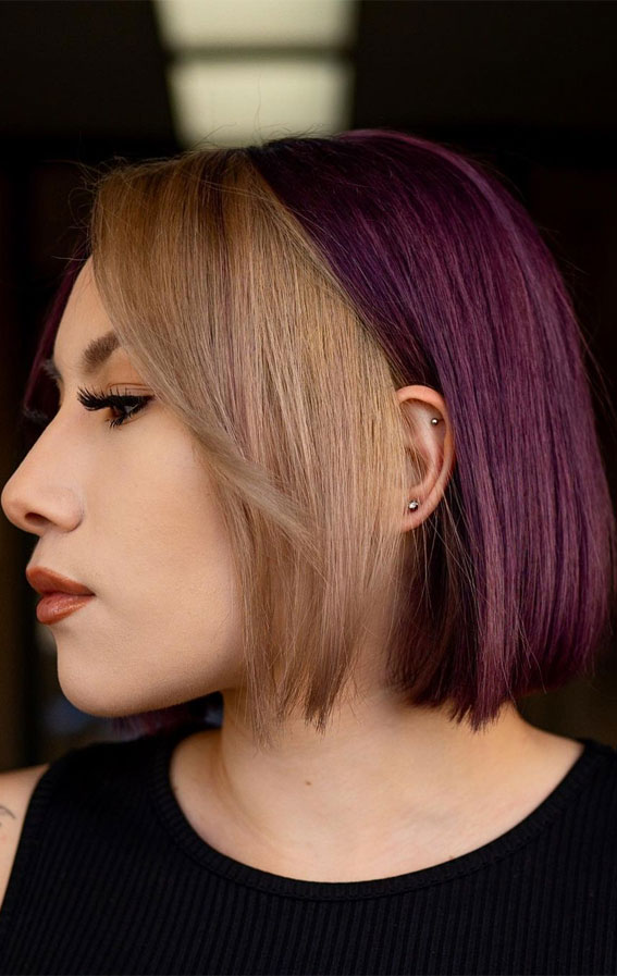 52 Best Bob Haircut Trends To Try in 2023 : Blonde & Purple Colour Block