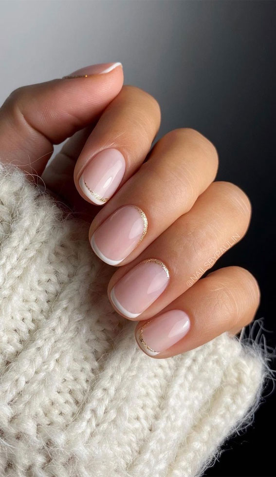 25 Beautiful Neutral Nails To Welcome 2023 : Thin White French + Gold Cuffs