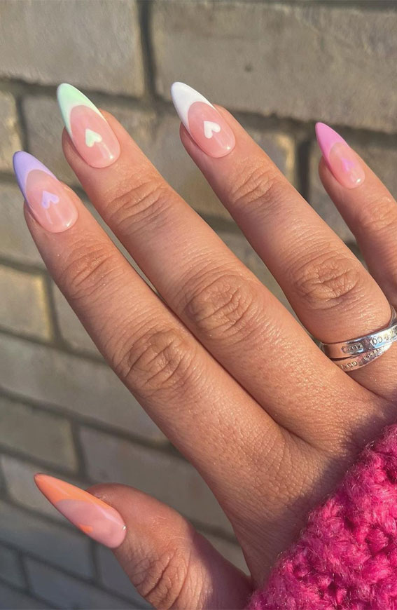 35 Best Valentine’s Day Nail Designs in 2023 : Gradient Pastel Tips with Hearts