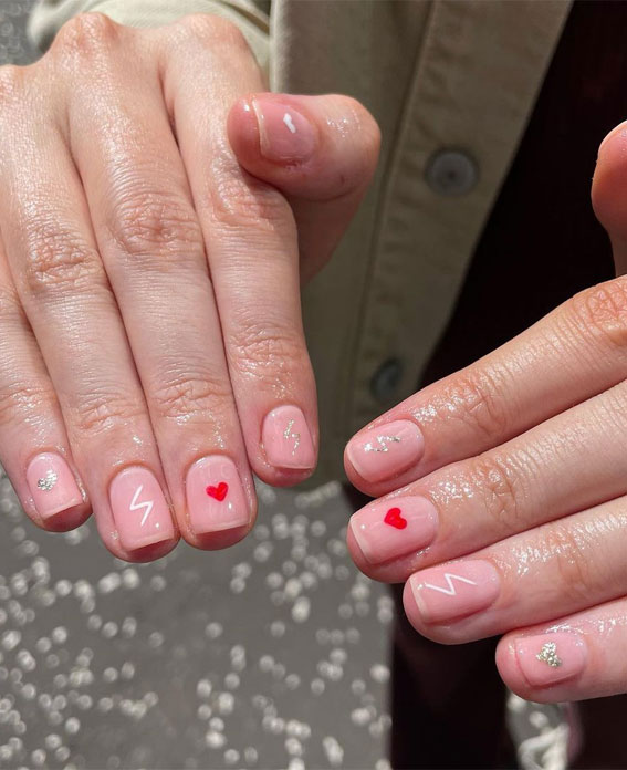 35 Best Valentine’s Day Nail Designs in 2023 : Red Tiny Heart & Lightning
