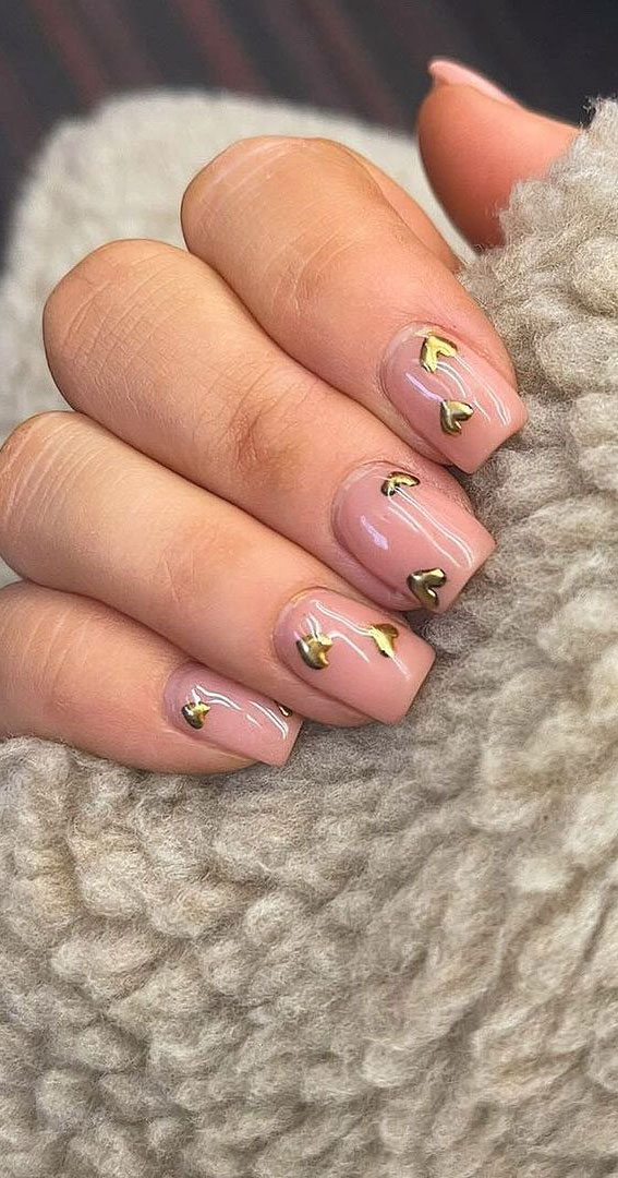 35 Best Valentine’s Day Nail Designs in 2023 : Small Gold Chrome Heart Nails
